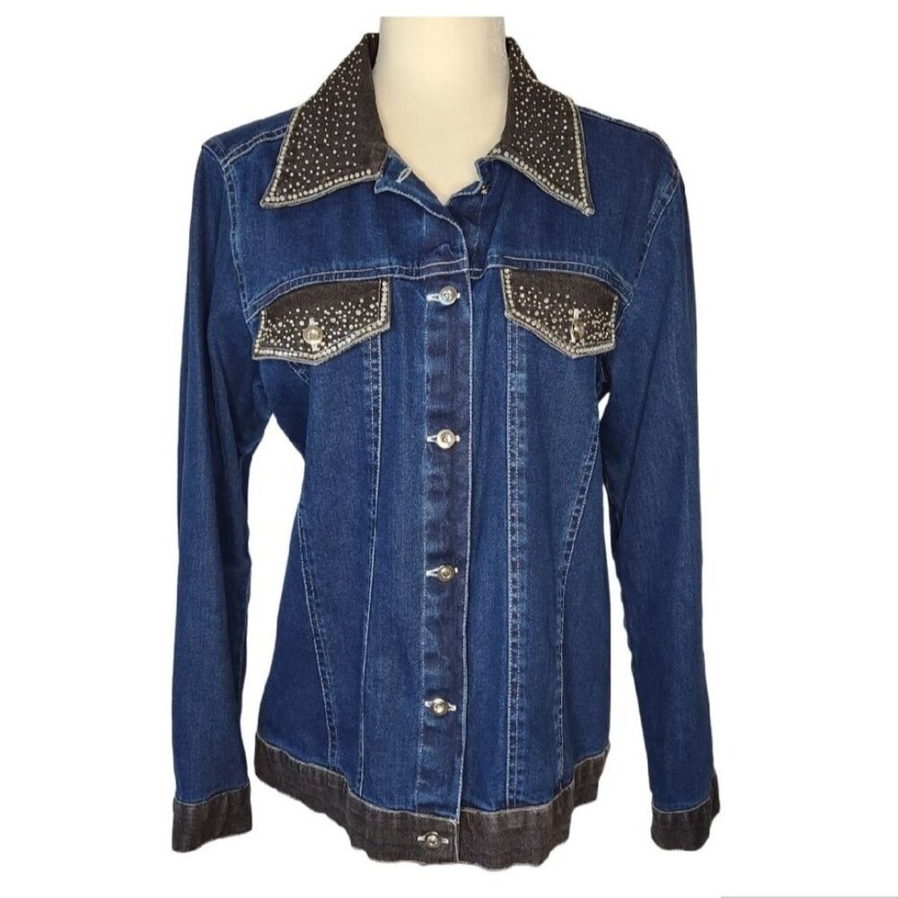 Vintage Y2K 2000s Quacker Factory Denim Jean Jacket Small Studded Collar Sequin